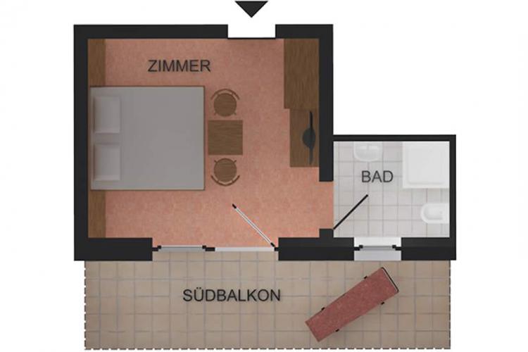 Grundriss Doppelbettzimmer mit Bad